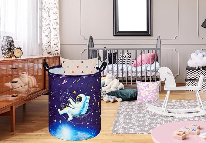 Collapsible Kids Laundry Basket Clothes Hamper, Foldable Storage Organizer Bin, Toy Clothes Storage with Handles for Boys Girls Bedroom, Room Decor Astronaut