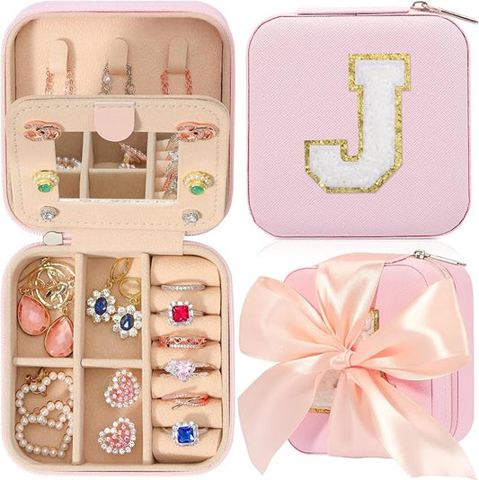 CHMI Travel Jewelry Case, Pink Travel Jewelry Box, Travel Jewelry Organizer, Travel Gifts for Women Girls, Jewelry Organizer Box, Birthday Gifts for Women, Christmas Gifts for Teens Girls - Initial J