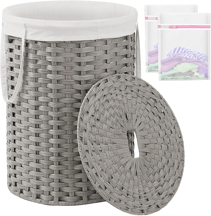 SETVSON Laundry Basket with Lid Round Rattan Laundry Hamper with Lid and Handles 29.1 Gal (110 L) Handwoven Woven Basket with Removable Bags and 2 Mesh Bags for Bathroom Living Room Gray
