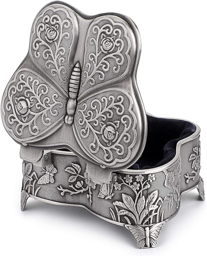 Hipiwe Vintage Metal Jewelry Trinket Box - Butterfly Shape Jewelry Organizer Treasure Chest Ring Holder, Earrings Necklace Storage Box Keepsake Box for Women