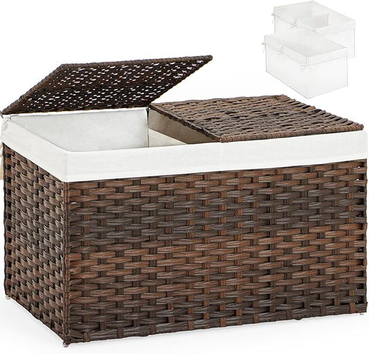 SETVSON Storage Basket with Lid Rattan Storage Basket with 2 Separate Lid, 27.8 Gallon (105 L) 25.2 * 15.4 * 16.1 Inches Woven Wicker Baskets with 2 Liners and Handles for Bedroom Laundry-Brown