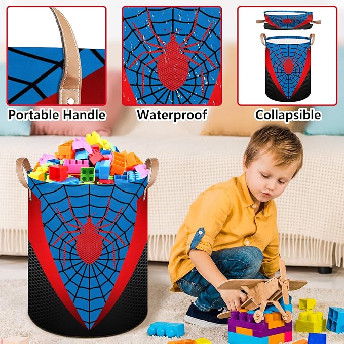 Blue Spider Web Large Laundry Hamper Basket, Round Collapsible Storage Organizer Bin for Kids, Boys, Nursery, Closet, Bedroom, Playroom, Toys, Dirty Clothes, 16"W x 20"H