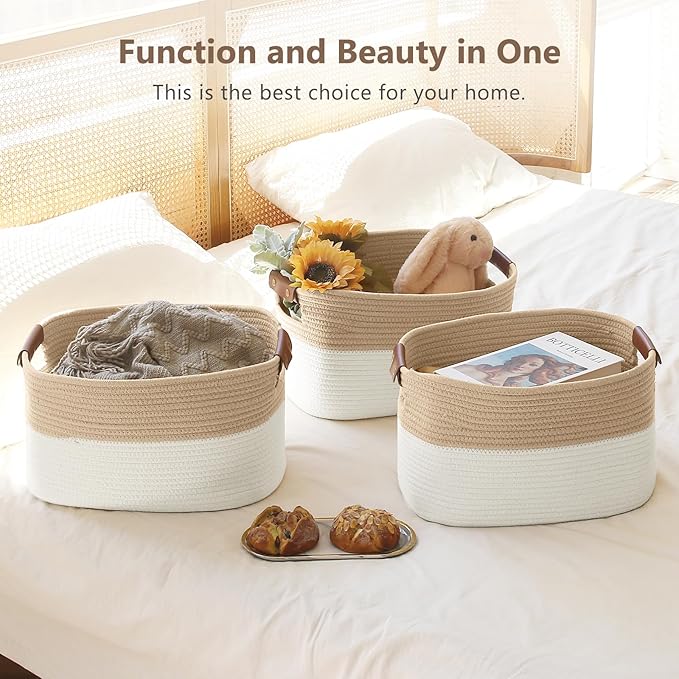 ECDYQXVU Cotton Rope Storage Baskets,15x10x9 in,Foldable Storage Bins, Decorative Woven Basket Cube Storage Organizer for Laundry, Towel, Clothes (White/Beige-3Pack, 15x10x9 inches)