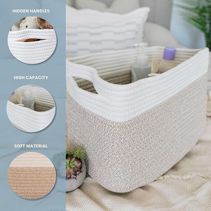 OrganiHaus Rope Baskets for Shelves - Set of 3 Woven Storage Baskets for Organizing, Closet & Toy Storage - Light Honey/Off-White - 15x9x10
