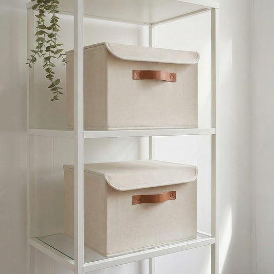 ZICOTO Decorative Linen Storage Boxes with Lids - Large Set of 2 Organizer Bins for Your Home Decor - The Perfect Container to Safely Store Photos, Documents and Memory Box Keepsakes in Style