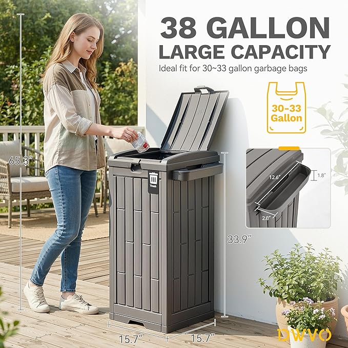 DWVO 38 Gallon Outdoor Trash Can, Set of 2 Resin Garbage Bins with Lids, Includes 2 Sorting Labels, Ash Holder, Stakes & Suction Cups, Hideaway Storage for Patio Backyard Garden, Light Brown