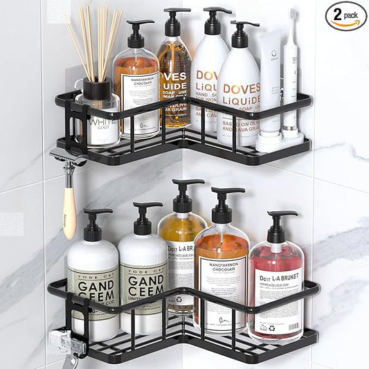 YASONIC Corner Shower Caddy 2 Pack, No Drill Adhesive Shower Storage Shelves, Rustproof Stainless Steel Wall Mounted Bathroom Organizer Shelf with 2 Removable Hooks for Dorm & Renters, Black