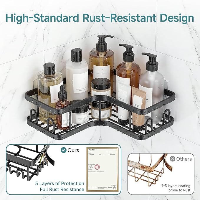 Veken Corner Shower Caddy 5-Pack, Advanced Rustproof Design, No Drilling Adhesive Shelves, Rack with Soap Holder, Bathroom Organizers and Storage, Wall-Mounted Kitchen&Home Decor,Black,Gifts for Mom