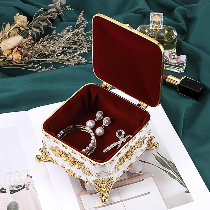 Hipiwe Vintage Jewelry Box Rectangular Trinket Chest Metal Treasure Holder for Ring Earrings Organizer Keepsake Box Gift for Woman, Beige, 5.1" L x 5.1" W x 3.1" H
