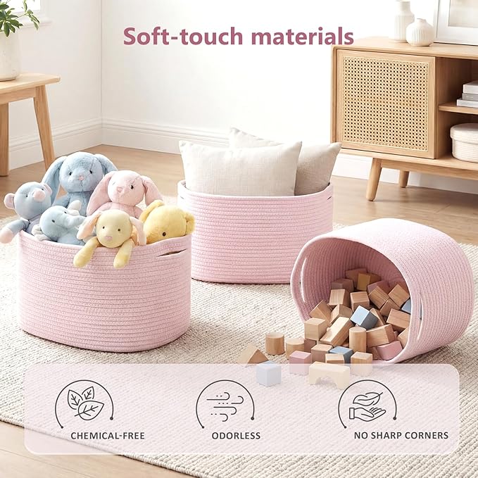 ECDYQXVU Cotton Rope Storage Basket, 15x10x9 Inches, Woven Basket for Shelves, Clothes, Towels, Books, and Laundry, Light Pink (1 Pack)