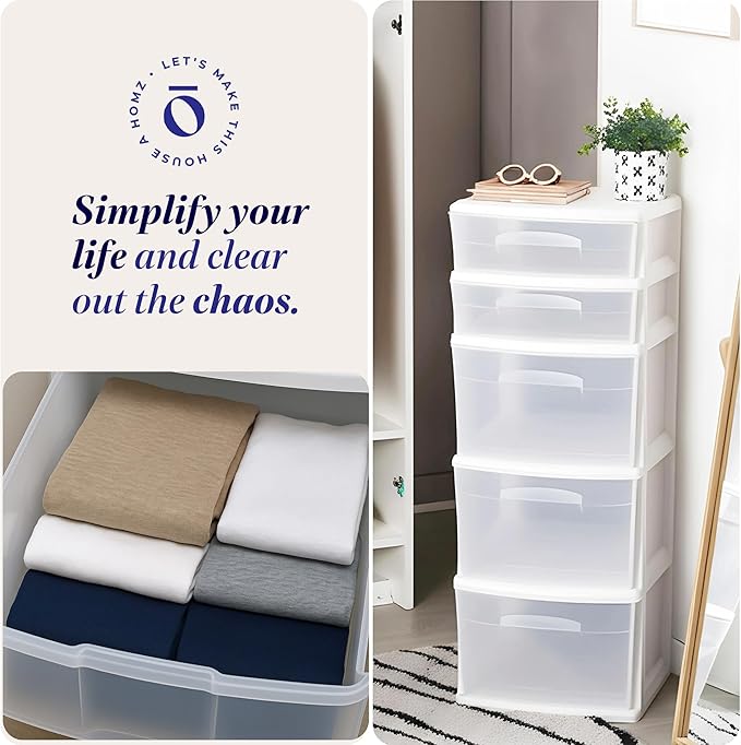 HOMZ 5-Drawer Storage Cart, Clear Plastic Drawers, 14.25" Wide Medium, White Frame - Organizing Drawer Containers for Home, Bathroom, Office, and Classroom