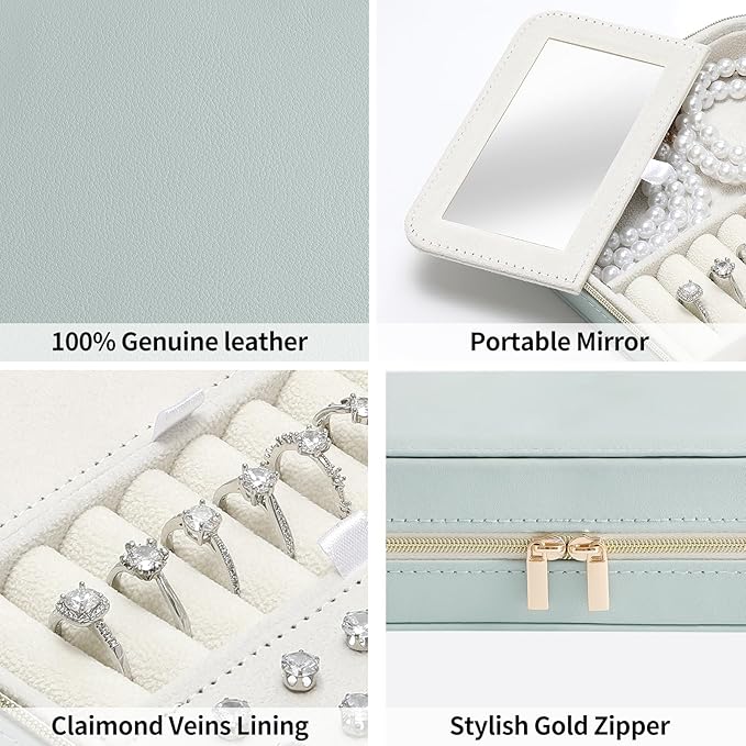 Genuine Leather Travel Jewelry Organizer Case Box with Mirror for Women, Small Mini Portable Jewelry Box for Ring Earrings Necklace Bracelet Luxury Gift for Women（Cyan）