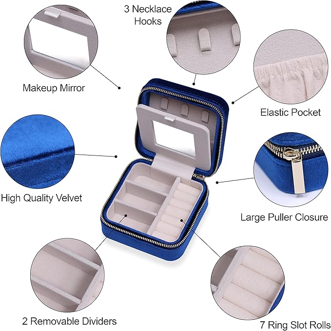 BLUTETE Travel Jewelry Box Organizer Velvet Travel Case With Mirror Ring Earrings Necklaces Storage Organizer Box (Midnight Blue)
