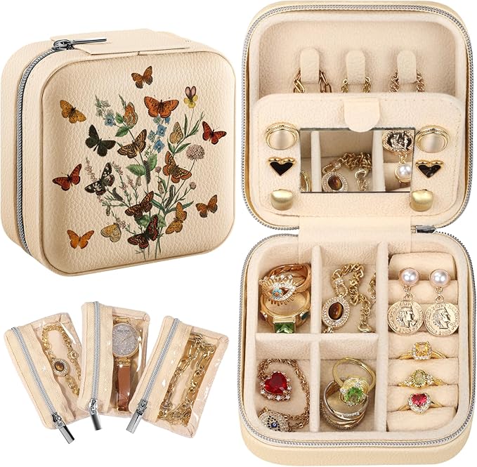 Bistup Travel Jewelry Case - Small Jewelry Organizers and Storage Box for Women Girls Teens Cute Traveling Jewelry Holder with Mirror Little Tiny Compact Flower Modern Unique Aesthetic Pretty