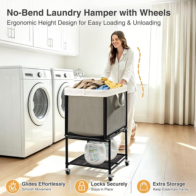 STO STO Rolling Laundry Hamper with Lockable Wheels, 29-Gallon (110L) Laundry Cart with Removable Canvas Bag, 2-Tier Clothes Basket Hamper with Shelf for Closet, Bedroom, Bathroom, Laundry Room