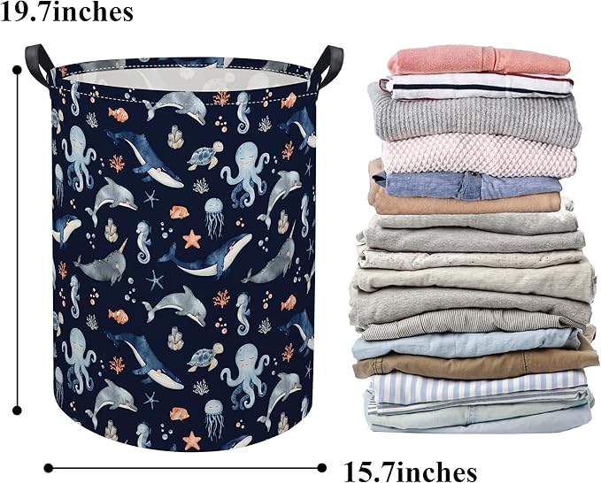 HIYAGON Ocean Baby Laundry Basket Baby Hamper for Nursery Girl Kids Soccer Hamper Cute Kids Toys Storage Bin Organizer Ocean Room Decor for Home(Blue Ocean)