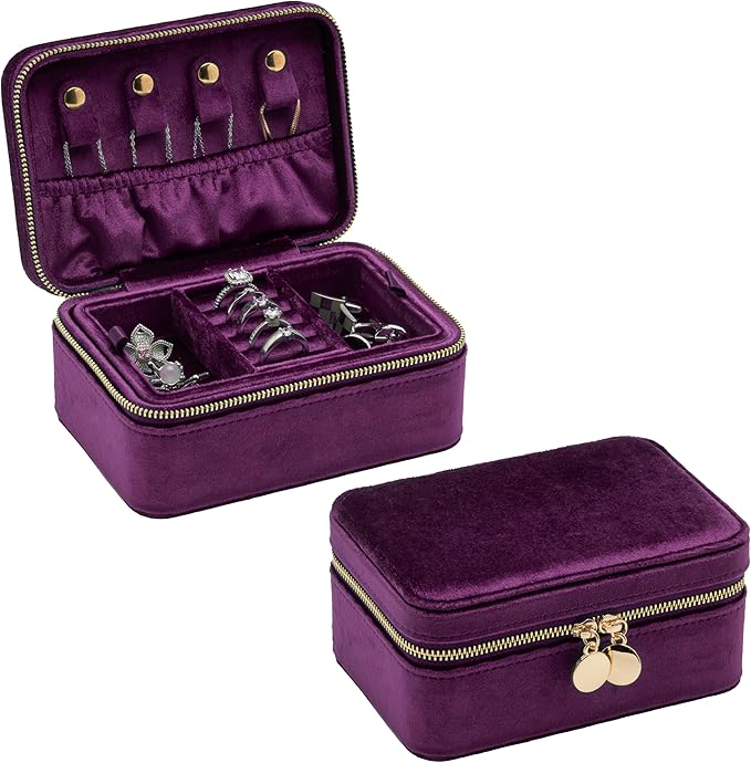 Velvet Travel Jewelry Organizer Box with Zipper Around Portable Accessory Display Tray Holder Storage Case for Multiple Earrings Rings Necklaces Bracelets (Purple)