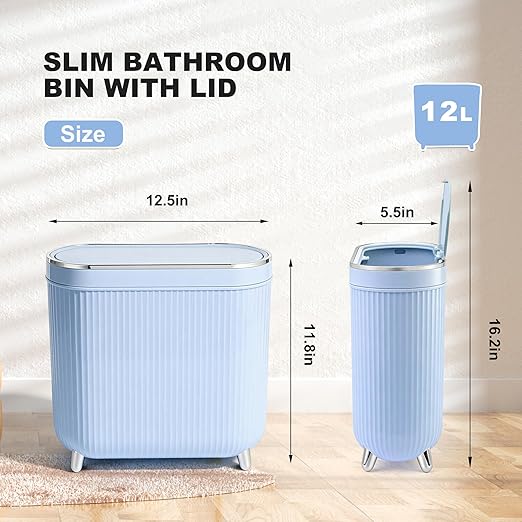 Supteron Bathroom Trash Can with Lid 3.1 Gallon Narrow Trash Can Small Plastic Trash Bin 12 Liter Rectangular Plastic Garbage Can with Press Type Lid for Bedroom Bathroom