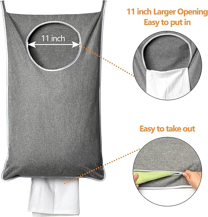 ANSTROUT XL Hanging Laundry Hamper, Extra Large Tear-resistance Door Hamper with 2 Types Hooks for Dirty Clothes, Save Bathroom Space Hanging Laundry Bag (36.5x 22 Inch,Grey)