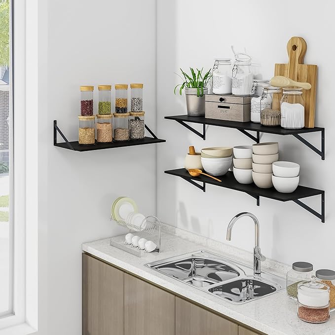 Heimlove Black Deep Floating Shelves for Wall, 36W x 12D Wood Wall Shelves Set of 2, Wide Floating Bookshelf for Living Room, Kitchen, Office, Bedroom and Decor Storage, with Metal Bracket - Black