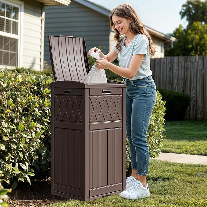 DWVO 36-Gallon Outdoor Trash Can with Fabric Bag, Tiered Lid & Drip Tray, Waterproof Resin Garbage Bin for Patio, Deck, and Backyard, Dark Brown