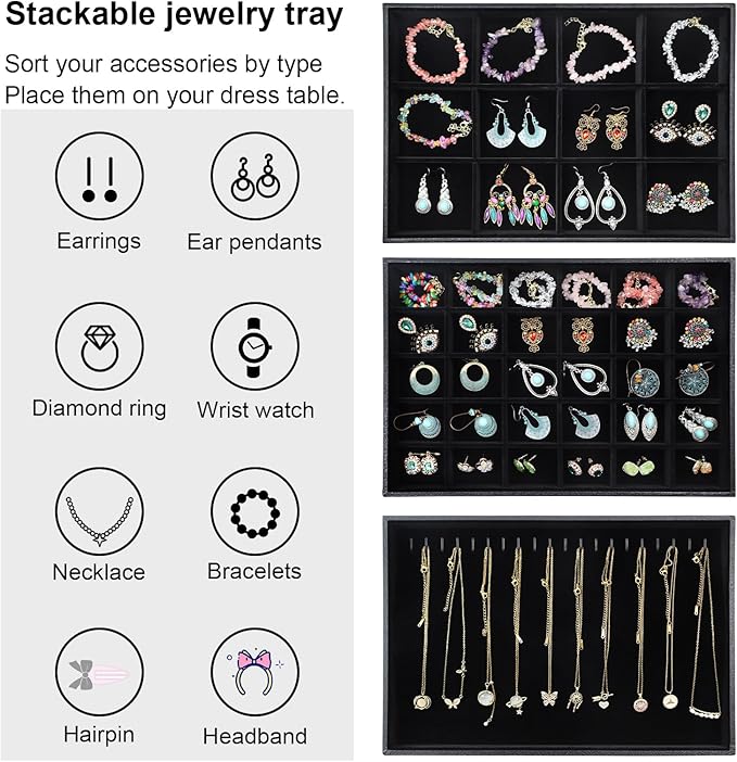 Stratalife Jewelry Trays Jewelry Organizer Earring Storage Drawer Jewelry Organizer Tray Drawer Insert Jewelry Storage with Removable Dividers For Women Set Of 3 Black