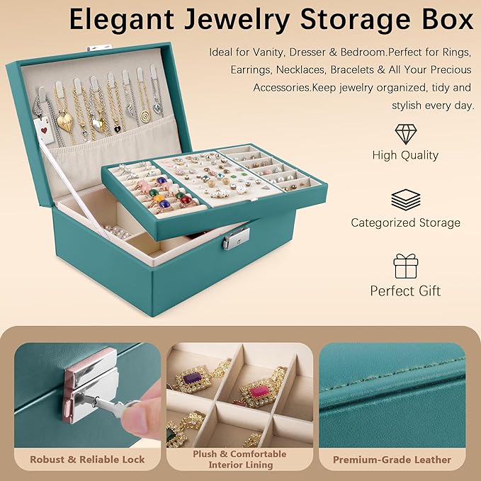 Homeanda Jewelry box 2 layer Jewelry box Leather Jewelry boxes for Women Girls Teens Jewelry organizer box Jewelry Storage box with lock(Green)
