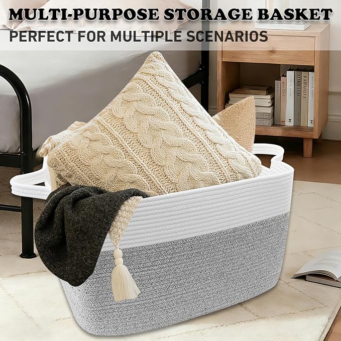 96L Large Blanket Basket,24"x16"x15"Rectangle Storage Bin with Handles,Woven Rope Laundry Basket for Toys, Clothes,Magazines,Home Organization,Nursery,Living Room & Bedroom,White&Grey