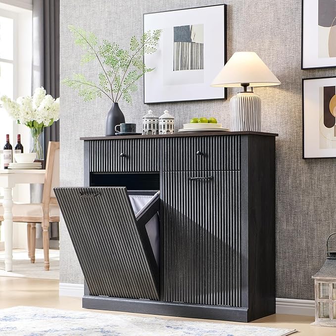 IFBUY Modern Double Tilt-Out Laundry Hamper Cabinet, 20 Gallon Fluted Trash Can Cabinet w/2 Drawers, Wooden Hidden Garbage Can Cabinets w/Laundry Basket, Free Standing for Bathroom and Kitchen, Grey