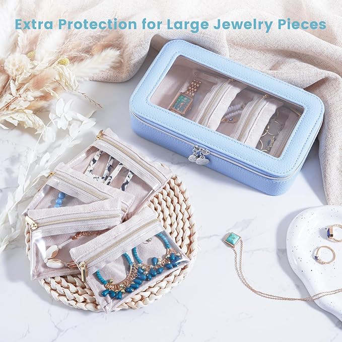 Lolalet 8 in 1 Travel Jewelry Case with Velvet Pouches, Clear Window Travel Jewelry Organizer Bags for Earrings, Bracelets, Necklaces and Rings, Compact Jewelry Storage for Women Girls -Blue, 7PCS