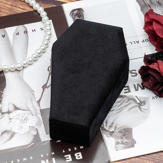 Velvet Coffin Jewelry Travel Case Holder for Gothic Wedding Ceremony Jewelry Organizer Decoration (Black Red 4 Grid)