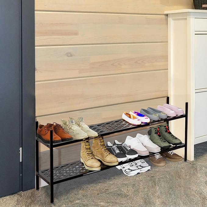 Shoe Rack, 45.6" Expandable Shoes Storage Metal Shoe Shelf Stand 2-Tier Stackable Boot Organizer for Closet, Entryway, Garage, Bedroom, Door Entrance, Black