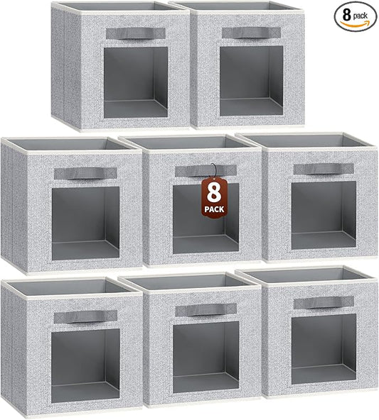 Homsorout Foldable Storage Cubes - Cubby Storage Organizer with Window, Decorative Fabric Bins for Clothes Storage, Closet Organizers for Shelves, 11inch, Set of 8, Light Grey