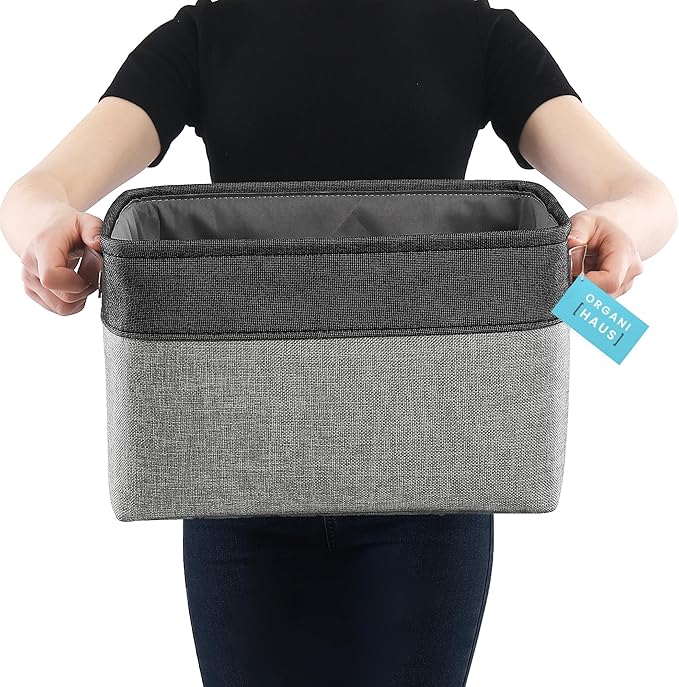 OrganiHaus Large Fabric Storage Baskets for Shelves 3 Pack, 15x11in Closet Storage Bins, Canvas Storage Bin for Organizing, Cloth Baskets, Linen Closet Organizers, Gray/Black