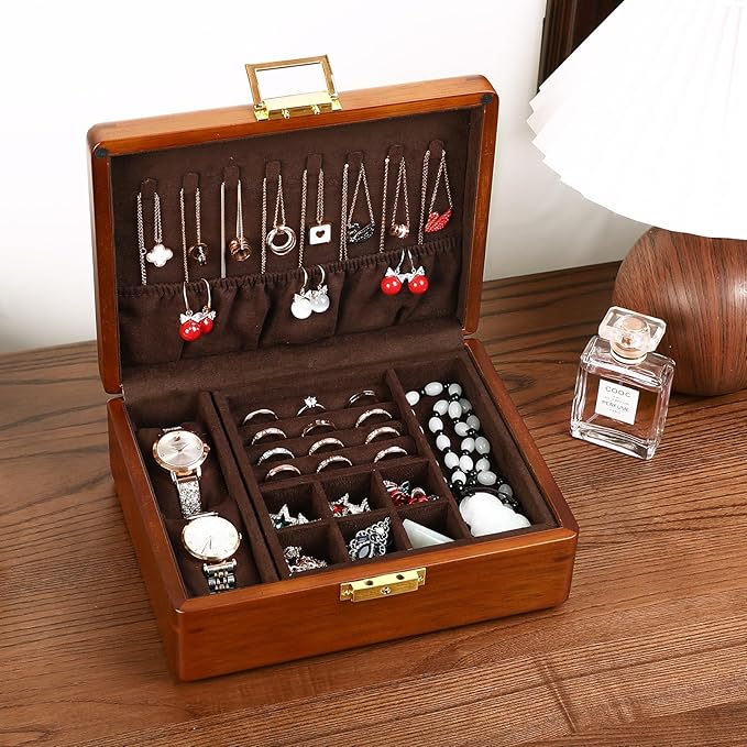 Solid Walnut Wood Jewelry Box with Lock,2 Layer Velvet Lined for Earrings Rings Necklaces Bracelets Watches,Both Style and Security, for Men Women,Vintage Brown
