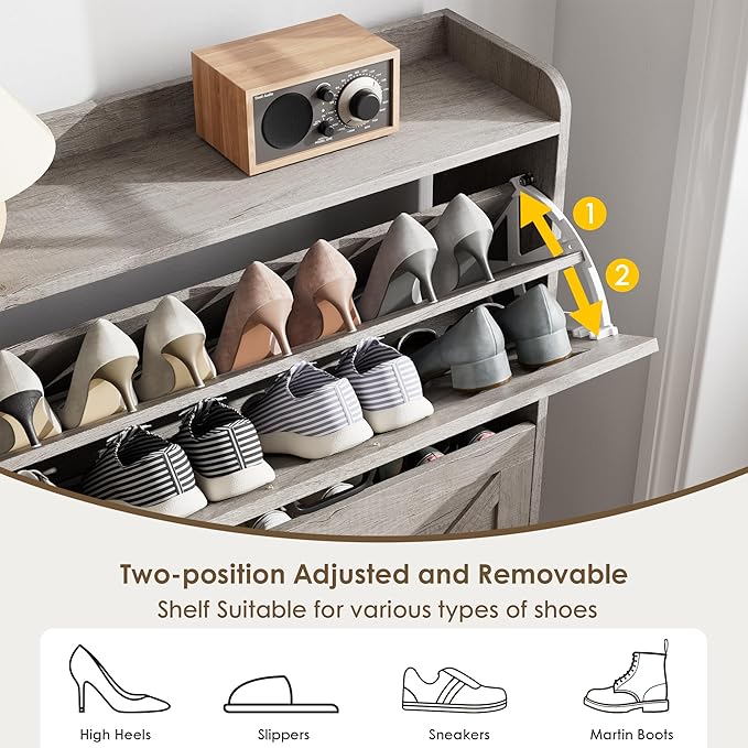 Nicetree Shoe Storage Cabinet with 2 Flip Drawers, Freestanding Shoe Organizer, Shoe Cabinet with Metal Legs, Narrow Shoe Rack Cabinet, Farmhouse Slim Shoe Cabinet for Entryway, Hallway, Rustic Gray