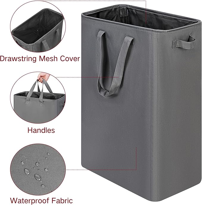 efluky Slim Laundry Basket, Narrow Laundry Hamper with Handles, Collapsible Dirty Clothes Hamper, Tall Laundry Bin for Laundry Room, Dorm and Bedroom, 19.8 Gallon (75L) Grey (Pack of 2)