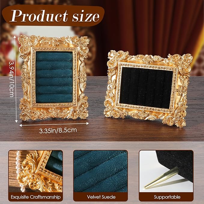 Vintage Ring Holder Rectangle Gold Velvet Display Stand - Baroque Jewelry Organizer Box Tray for Wedding Engagement Anniversary Women Birthday Christmas Gift Photograph Prop (MPF05-Gold Blue)