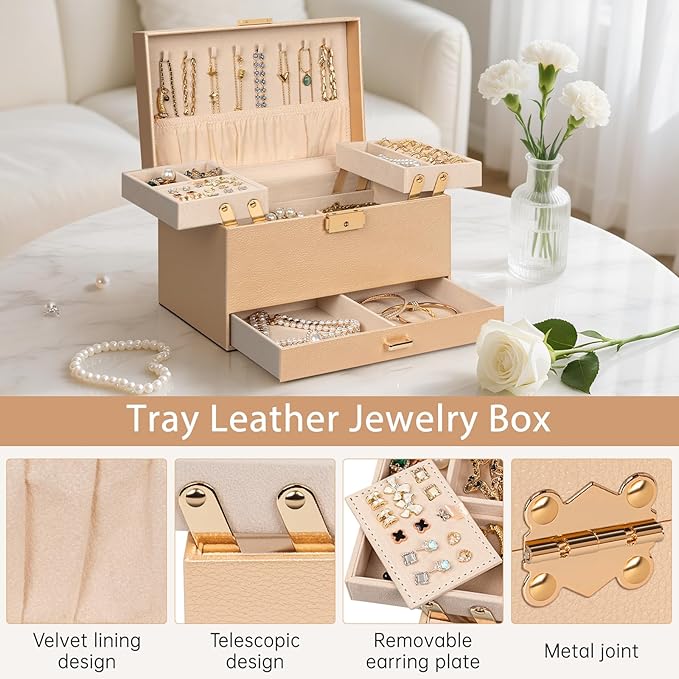 AKOZLIN Travel Jewelry Box Organizer Functional 2-trays Leather Jewelry Storage Case with Lockable Portable Drawer for Women Girls Ring Necklace Earring Bracelet