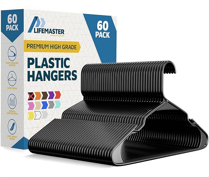 Plastic Clothes Hangers – Heavy Duty Hanger Set, for Organizing Clothes, Dresses, and Coats, Holds Up to 5 lbs, Space-Saving Hangers with Non-Slip Shoulder Grooves, Pack of 60, Black