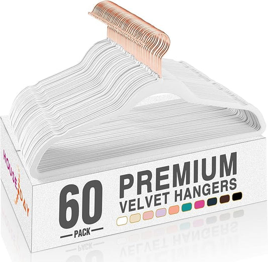 HOUSE DAY White Velvet Hangers 60 Pack, Premium Non-Slip Felt Clothes, Sturdy Heavy Duty Coat, Durable Hangers for Suits, Space Saving with No Hanger Mark, 360° Swivel Rotating Rose Gold Hook