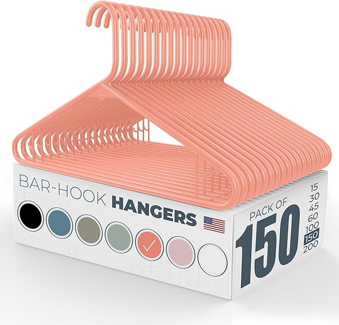 Neaties Plastic Hangers 100+ Pack (150 Count) – Made in the USA – 6lb Capacity Standard Clothes Hangers with Strap Hooks for Dresses, Lingerie, Shirts, Pants, and Jackets – Peach