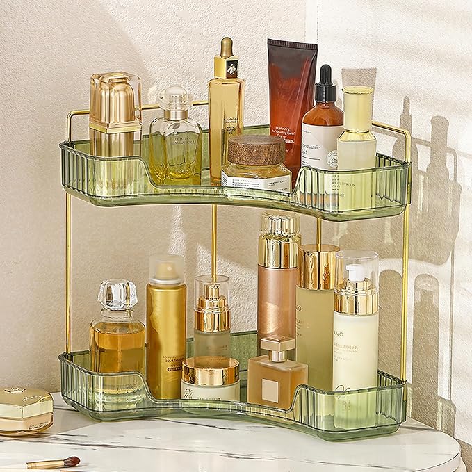 Aveniee Corner Bathroom Counter Organizer, Bathroom Countertop Shelf Makeup Organizer for Vanity Perfume Tray for Corner Storage (2 Tiers, Green)