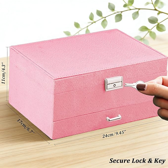 QBestry 3-Layer Jewelry Box for Girls & Teens with Lock and Key, Large Jewelry Organizer with 8 Necklace Hooks & 56 Earring Holes, Pink Velvet Jewelry Storage Box for Necklaces Earrings Rings Bracelet