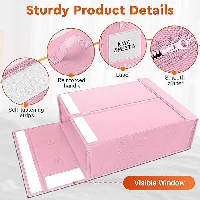 StorageTastic 2 Pack Bed Sheet Closet Organizers and Storage,Sturdy Foldable Storage Containers with Window and Label,Storage and Organization for Bedding Sheets,Duvet Covers,Blankets (Pink)