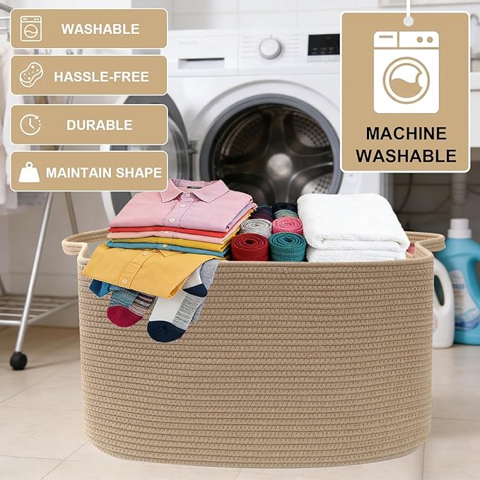 Large Blanket Basket,Woven Rope Basket Storage Bin with Handles,65L Rectangle Laundry Basket for Magazines,Toys,Clothes,Newspaper Shelf Organization,Nursery and Living Room,Jute