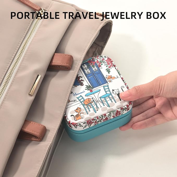 shunmei Mini Travel Jewelry Box,PU Leather Portable Jewelry Organizer Case,Art Accessories Storage Holder Boxes for Earring, Necklace, Rings, Bracelets (Six Cats)