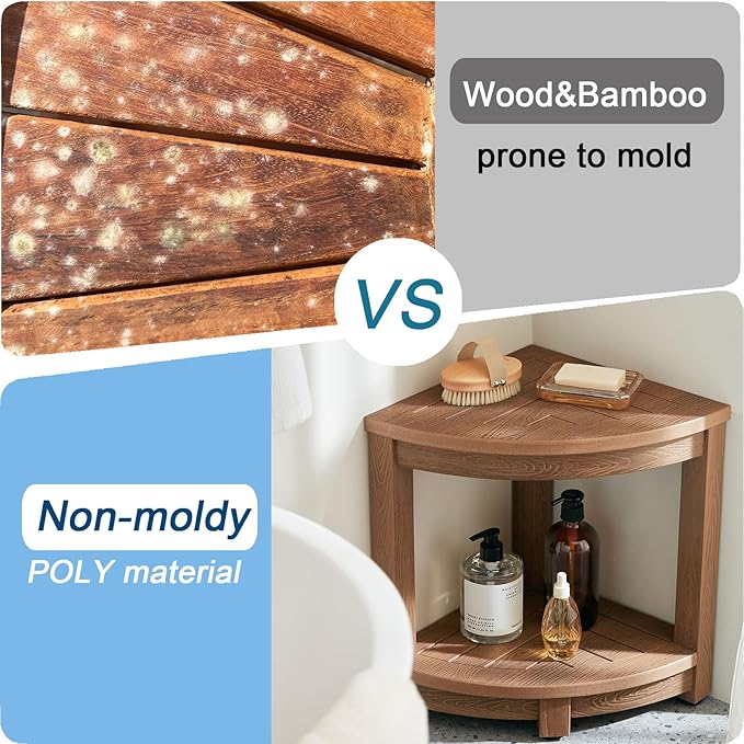 KaimuBench Corner Shower Stool for Shaving Leg, Waterproof Bathroom Shower Bench Seat for Inside Shower, Poly Lumber Plastic Shower Chair Seat, Shower Foot Rest with Adjustable Feet, Non-Slip, Brown