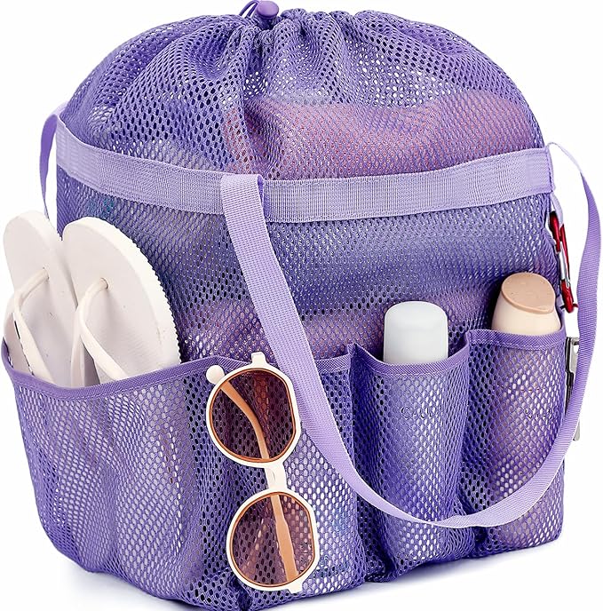 Fammart Mesh Shower Caddy Portable with Drawstring, Dorm Room Essentials for College Girls Guys, 8-Pocket Large Shower Bag Basket Tote for Camping Beach Gym Travel Toiletry Bathroom