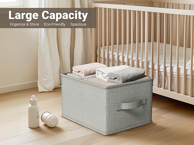 LayerSpace 3 Pack Fabric Storage Bins for Shelves | 14.75x10.25x8.25 in Storage Baskets | Fabric Closet Organizers with Handles Home Organization | Linen Clothes Storage Bins | Light Gray